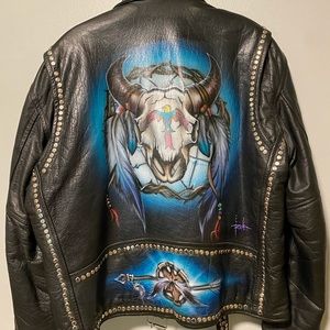 Airbrushed Western Skull Leather Biker Jacket Studded FORCE Men’s Size 44 Rocker